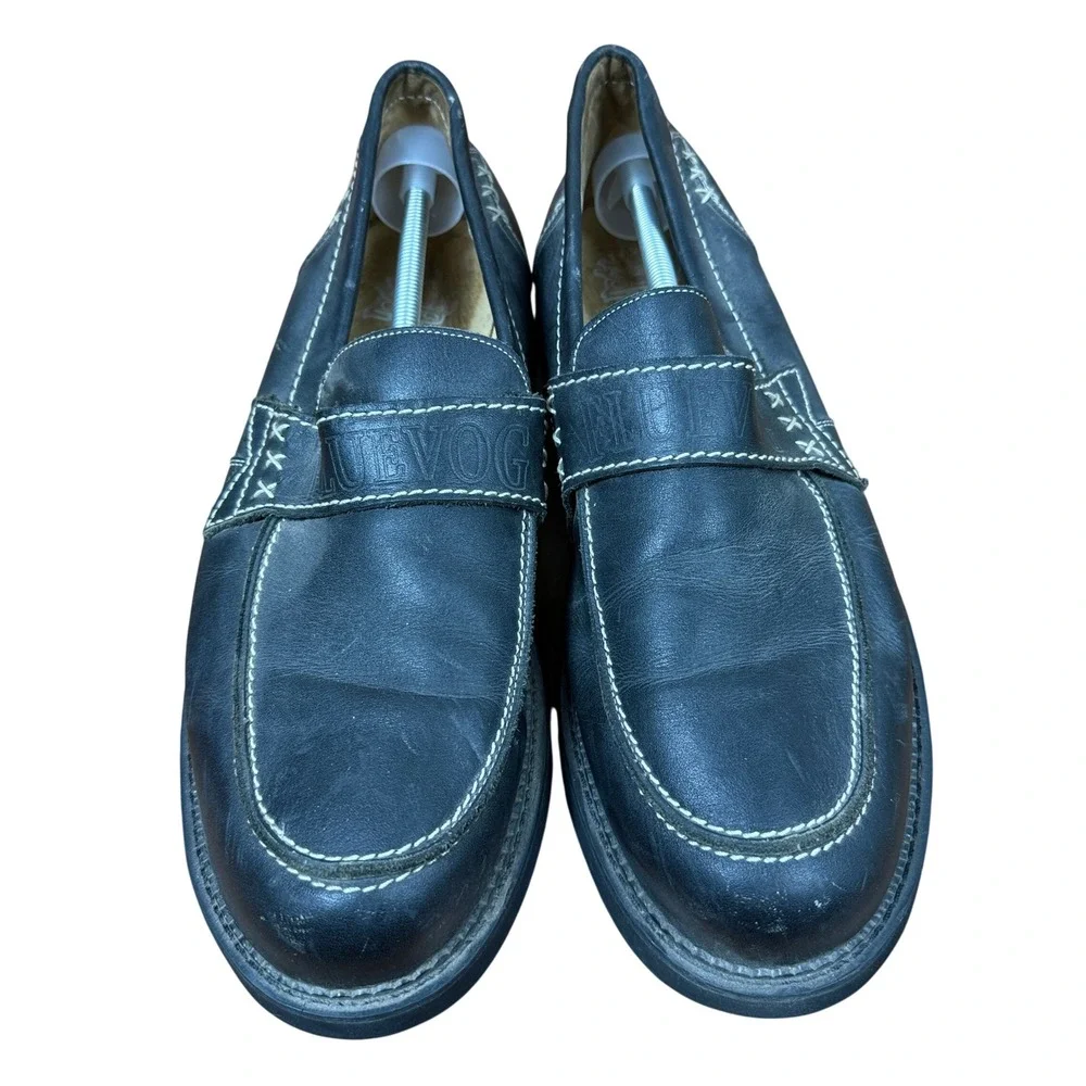 Fluevog Loafers Mens Black Leather Contrast Stitch Lug Sole Slip On Shoes